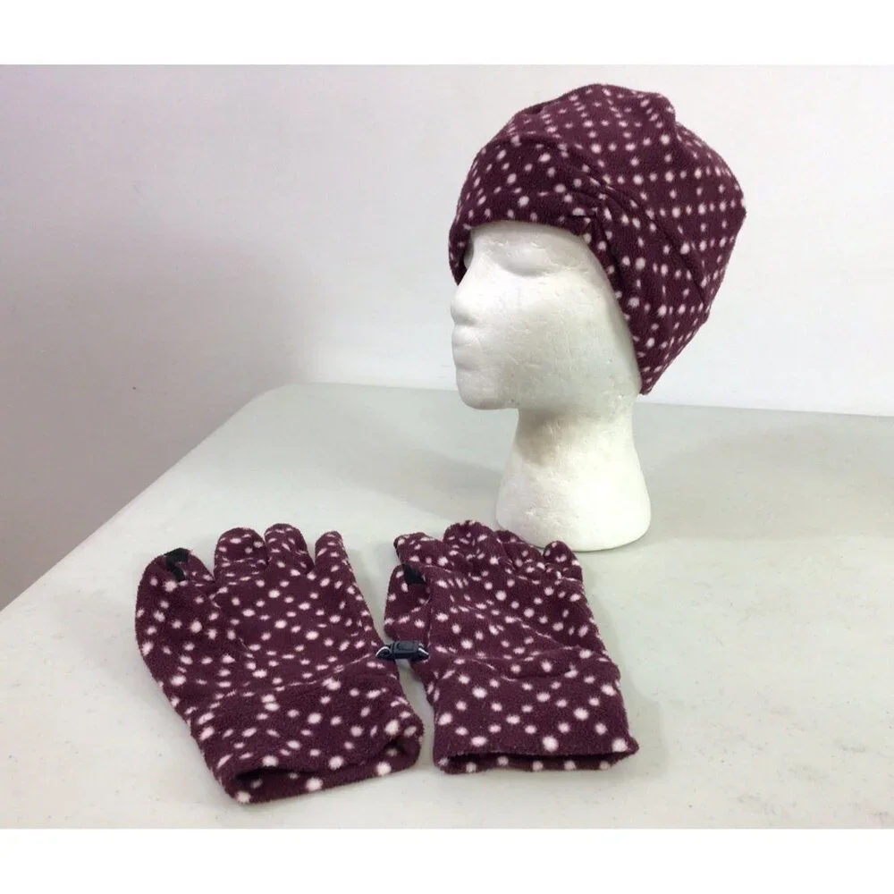 Lands End Fleece Winter Hat Beanie & Matching Gloves Womens One Size